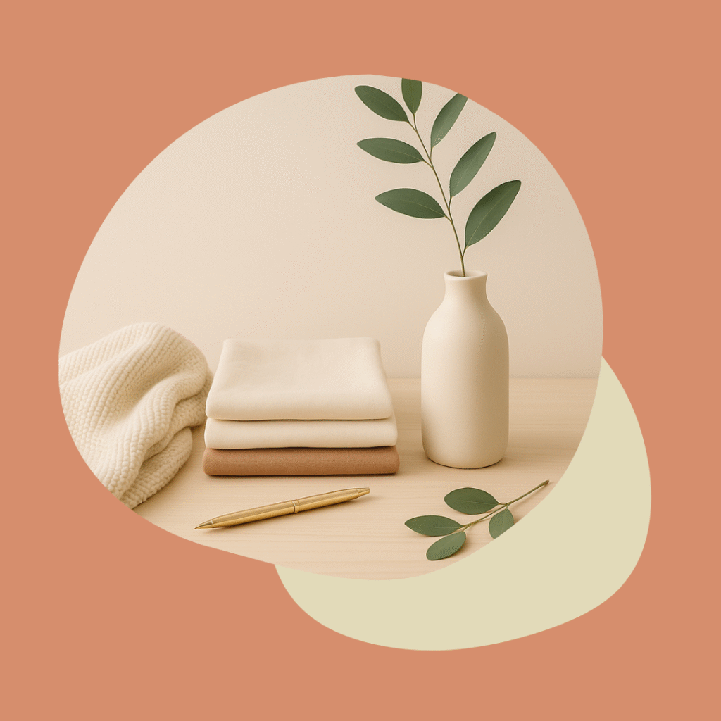 Ambiance douce et minimaliste illustrant l’approche d’une home organiser et psychologue, avec linge plié, vase et stylo doré — Le Tri du Cœur