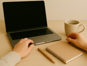 Main posée sur un carnet à côté d’un ordinateur et d’une tasse, symbolisant le tri après un décès en autonomie chez soi