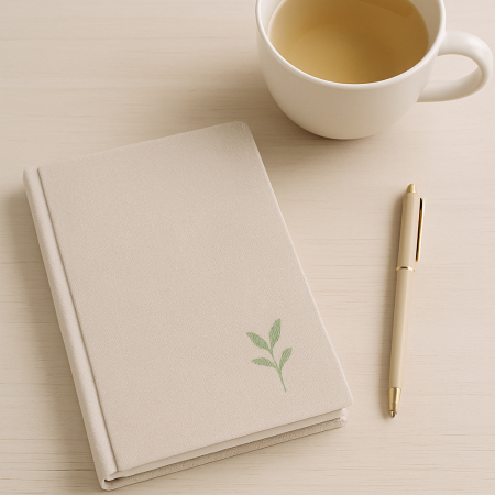 Carnet et tasse de thé sur une table, symbole d’introspection et de soutien pendant un accompagnement psychologique pour trier ses affaires.