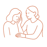 Deux personnes en discussion, l’une réconfortant l’autre, pour évoquer le soutien lors du tri après un décès