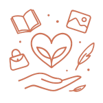 Icône illustrant l’idée d’alléger ses proches du poids de ses affaires : cœur, main et objets, pour un tri accompagné en douceur